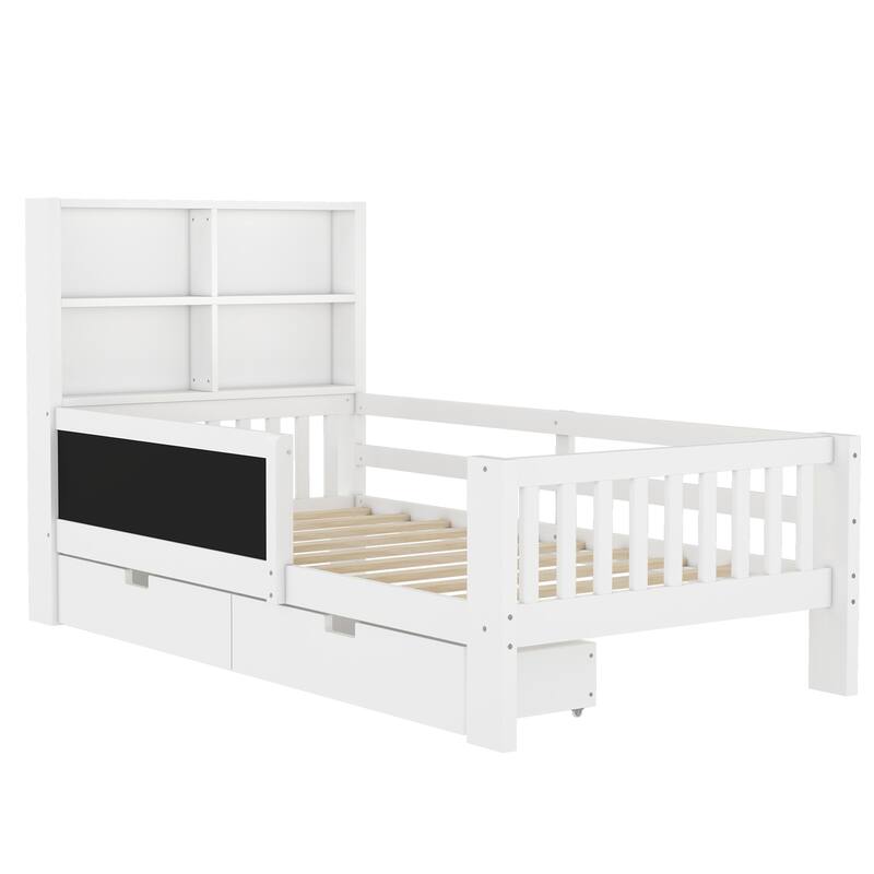 Twin Platform Bed with Chalkboard,Solid Wood Platform Bed with Storage Drawers and Shelves,Space-saving Design