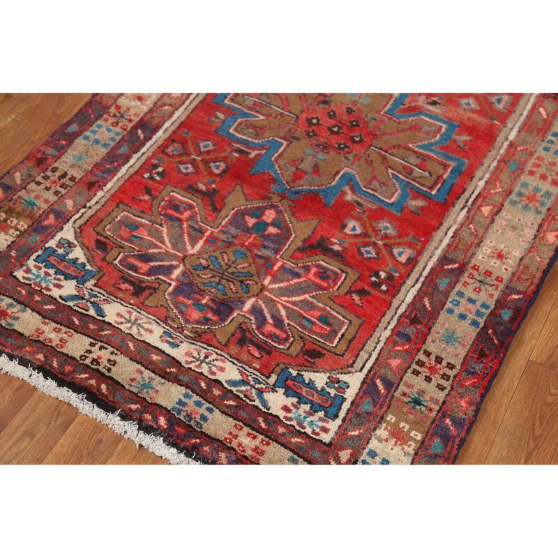 Hand Knotted Oriental 100% Wool Carpet Traditional Geometric Red Heriz Runner Rug - 9' 7'' X 3' 2''