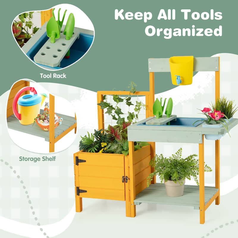 Gymax Wooden Potting Bench for Kids w/ See-Through Window Planter Box