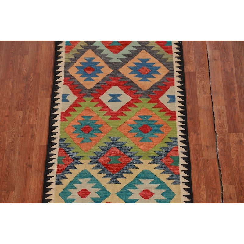 Hand Woven Oriental 100% Wool Carpet Southwestern Geometric Multi-Colored Kilim Runner Rug - 12' 10'' X 2' 9''
