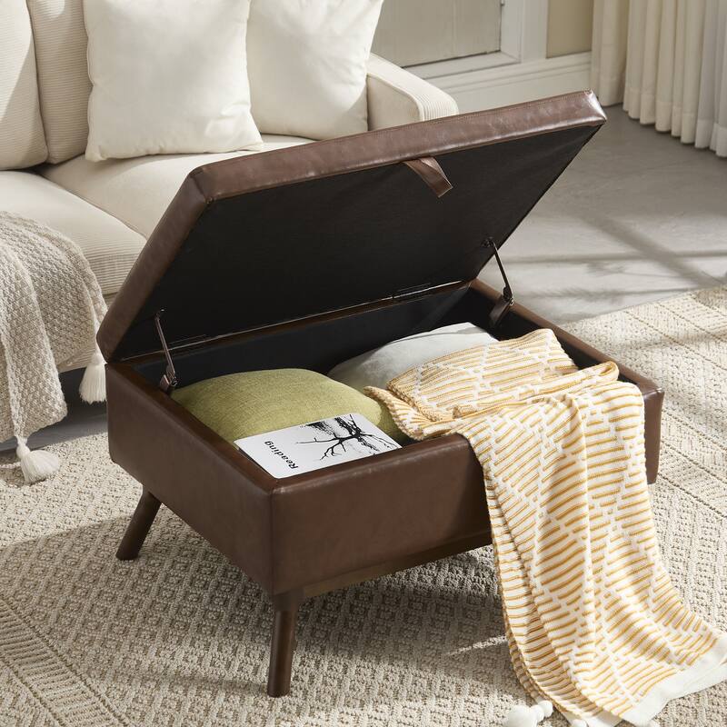 Mid-century modern square coffee table storage bench, assembled, suitable for living room