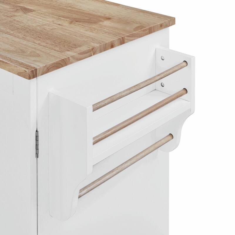 Rolling Kitchen Island with Rubber Wood Top, Drawers, Shelves, Internal Storage, Wheels, Spice & Towel Racks