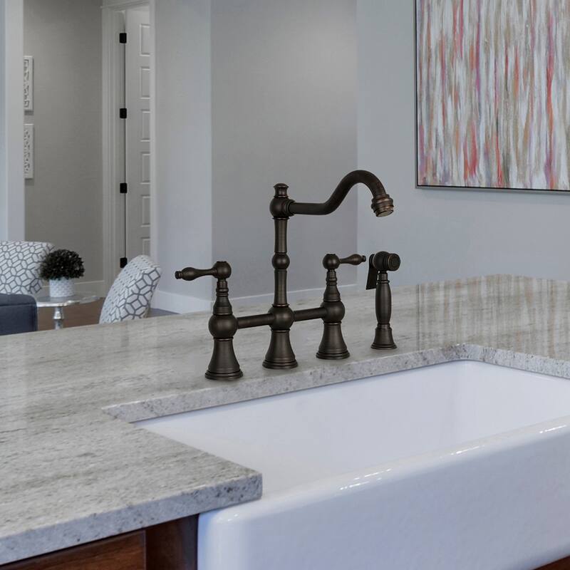 Two-Handles Bridge Kitchen Faucet with Side Sprayer 8-3/8 Inch High Arc