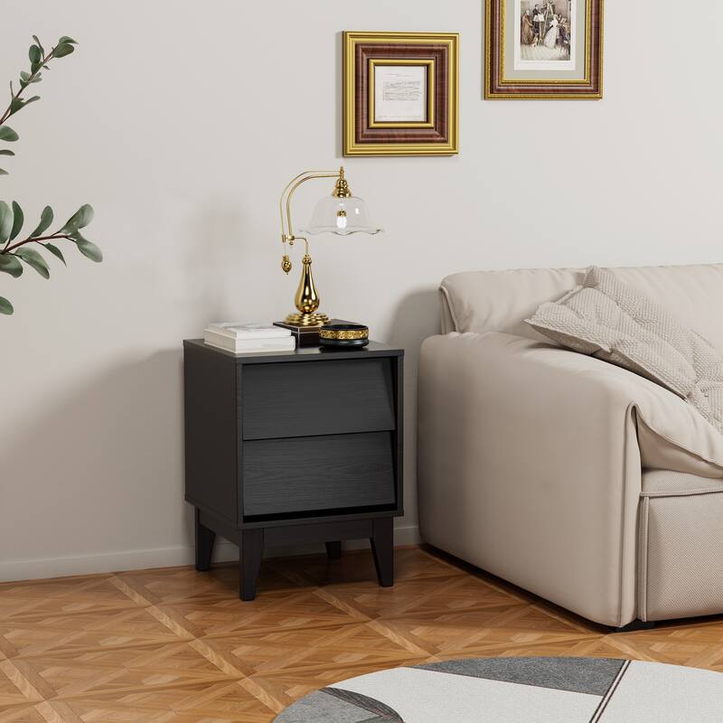 Set of 2 Mid-Century Modern MDF Nightstands, Bedside Storage Cabinet with Hidden Drawer Pulls, Side Table with Solid Wood Legs
