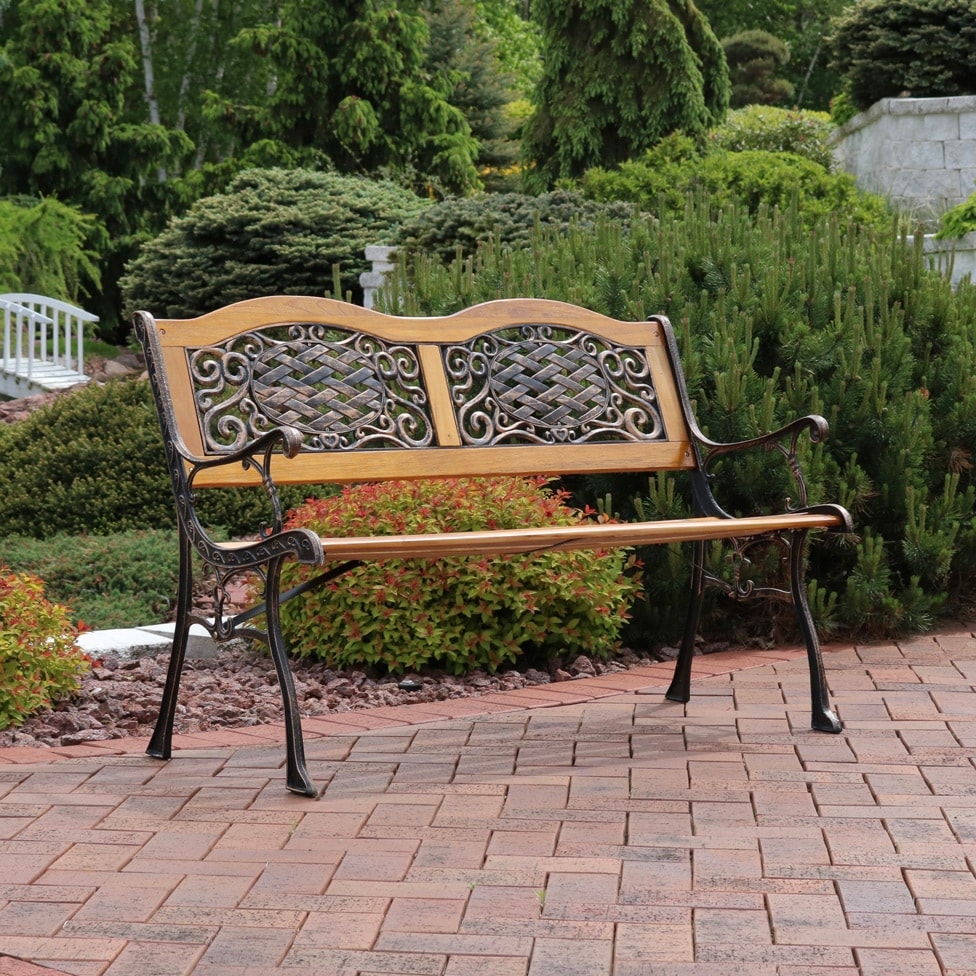Shop Sunnydaze 2 Person Ivy Crossweave Cast Iron Wood Patio Bench