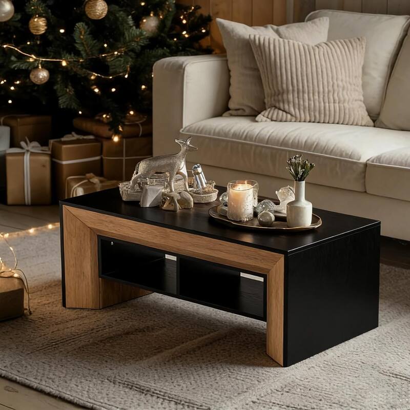 Rectangular Coffee Table with 2-Tier Storage, Modern Wood Center Table for Home Living Room