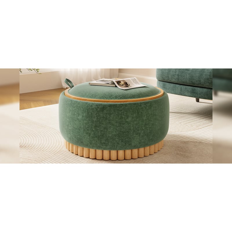 Roomfitters 29 Inch Round Storage Ottoman with Reversible Wooden Tray Top, Upholstered Coffee Table for Living Room