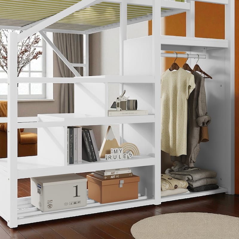 Full/Queen Metal Loft Bed with Stairs, Wardrobe, Mesh Shelf, White, 54.3 in Clearance, Guardrails, Kids Teens