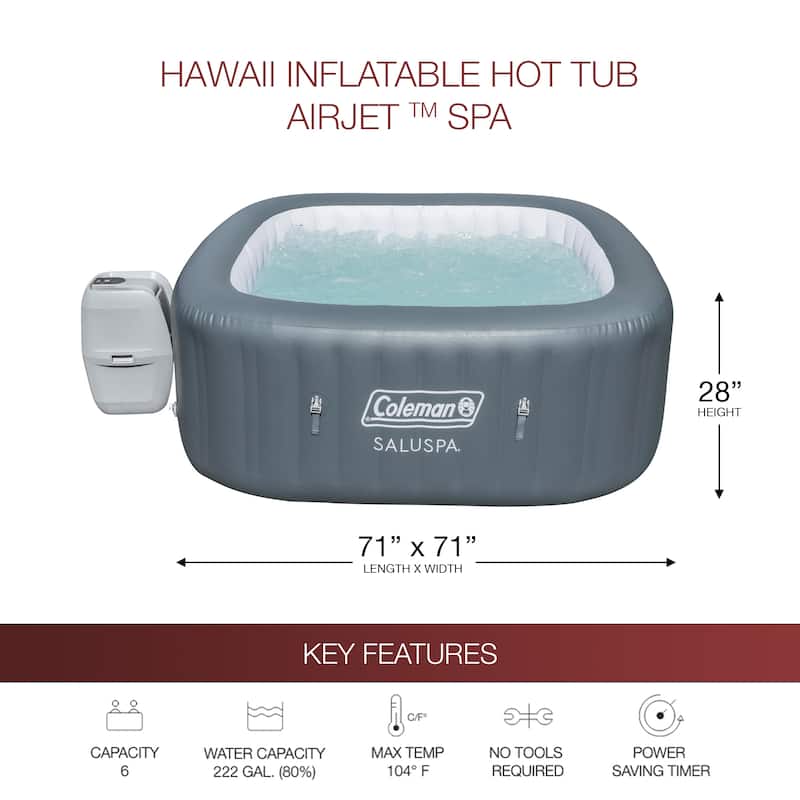 Coleman SaluSpa 4 Person Portable Inflatable Square Hot Tub & 12 Bestway Filters - 71 x 71 x 28 inches