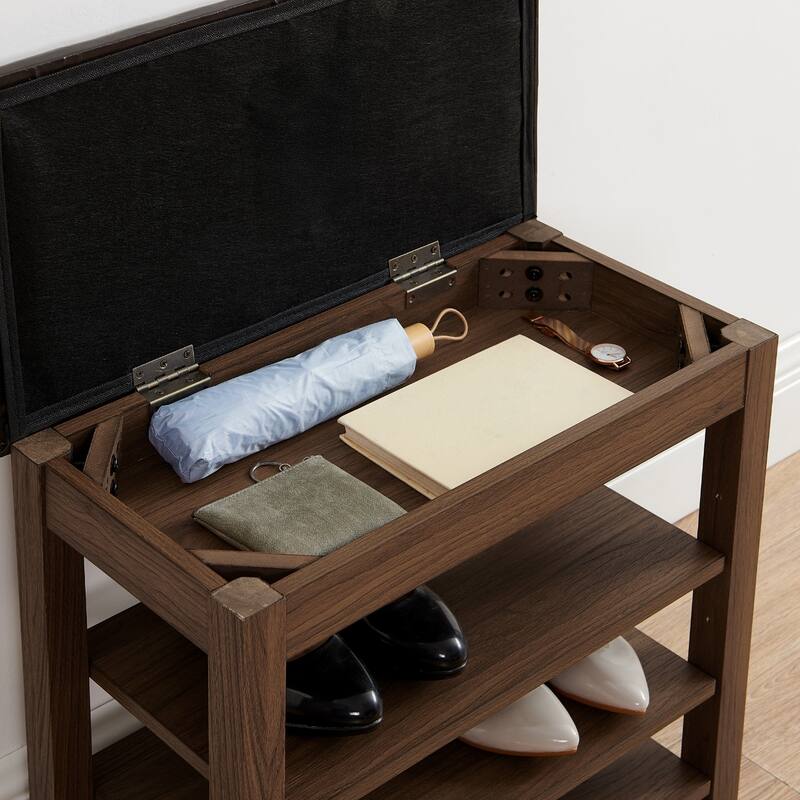 A height-adjustable shoe-changing bench with seat and concealed storage space,Natural rubber wood