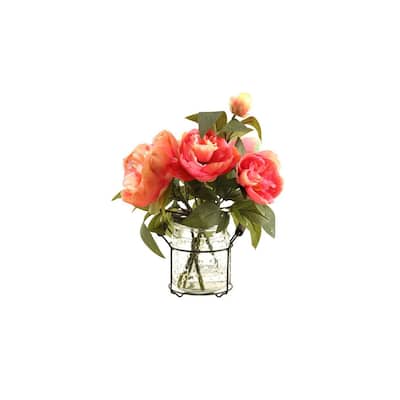 HomeStock Pink Peonies in Glass Jar with Metal Handle - Romantic Artificial Flowers for Elegant Touch - 13.5
