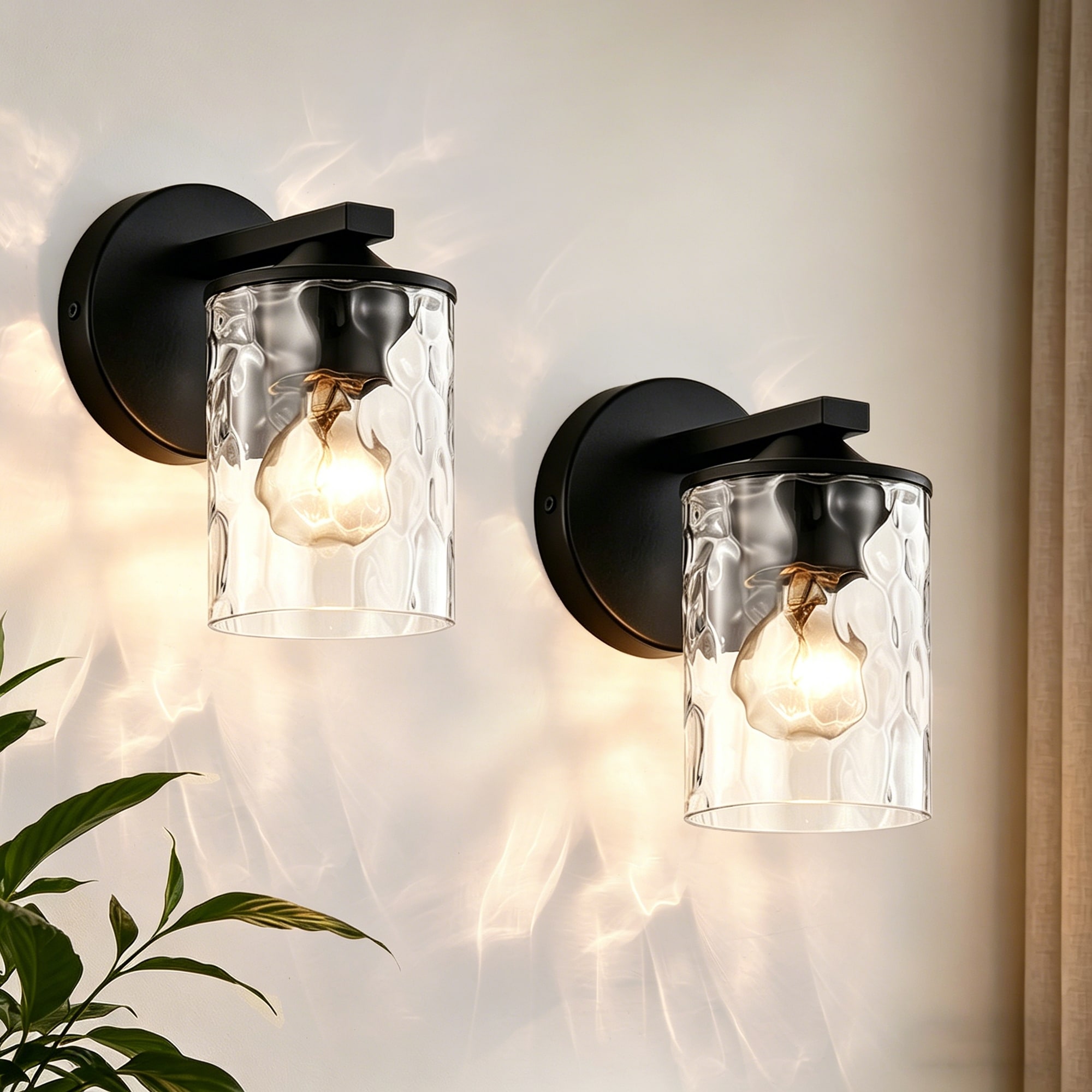 Matte Black Hammered Glass Wall Sconce 2-Pack, Dimmable, Damp Rated, Modern Farmhouse