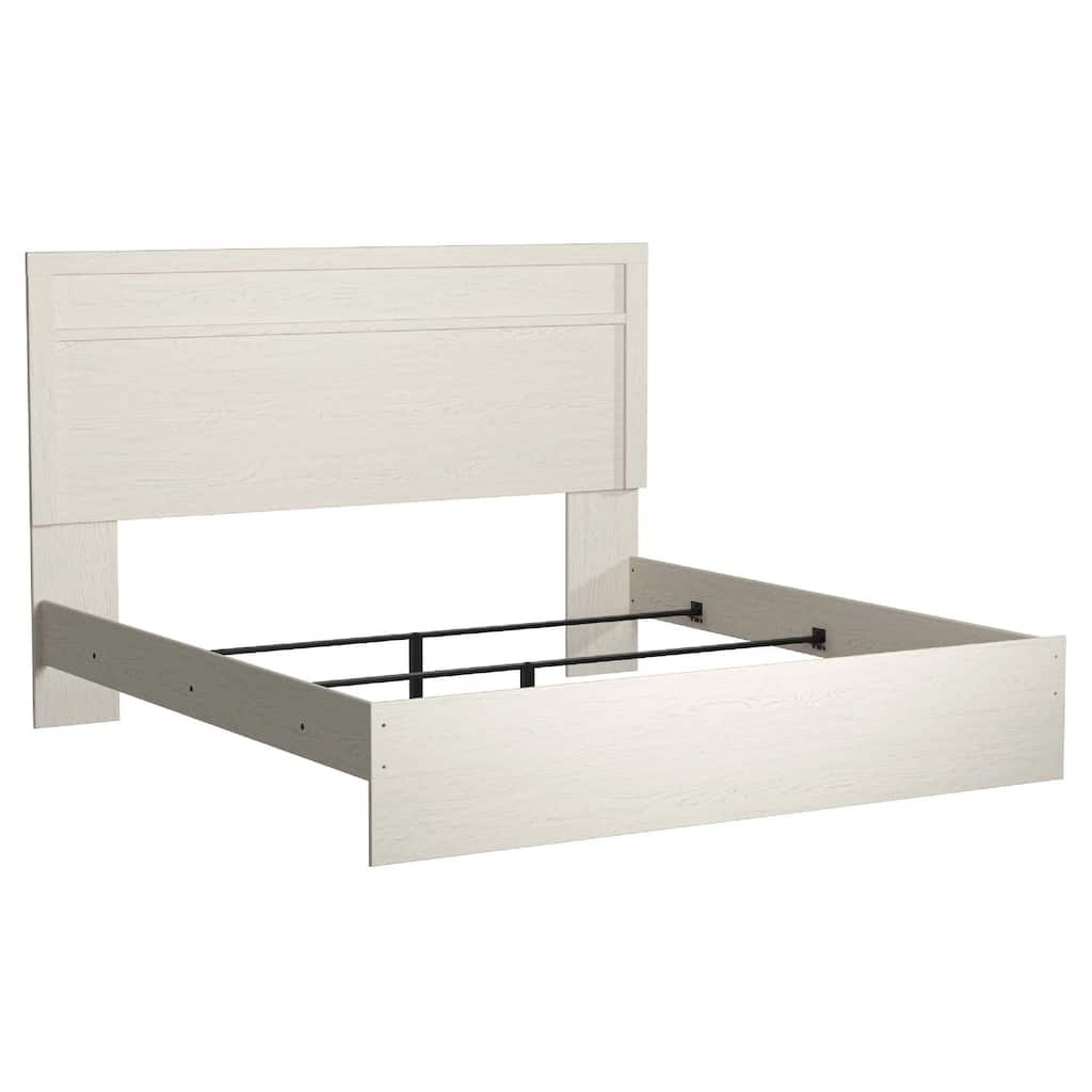 Tely King Size Bed w Plank Panel Headboard, Modern Farmhouse White