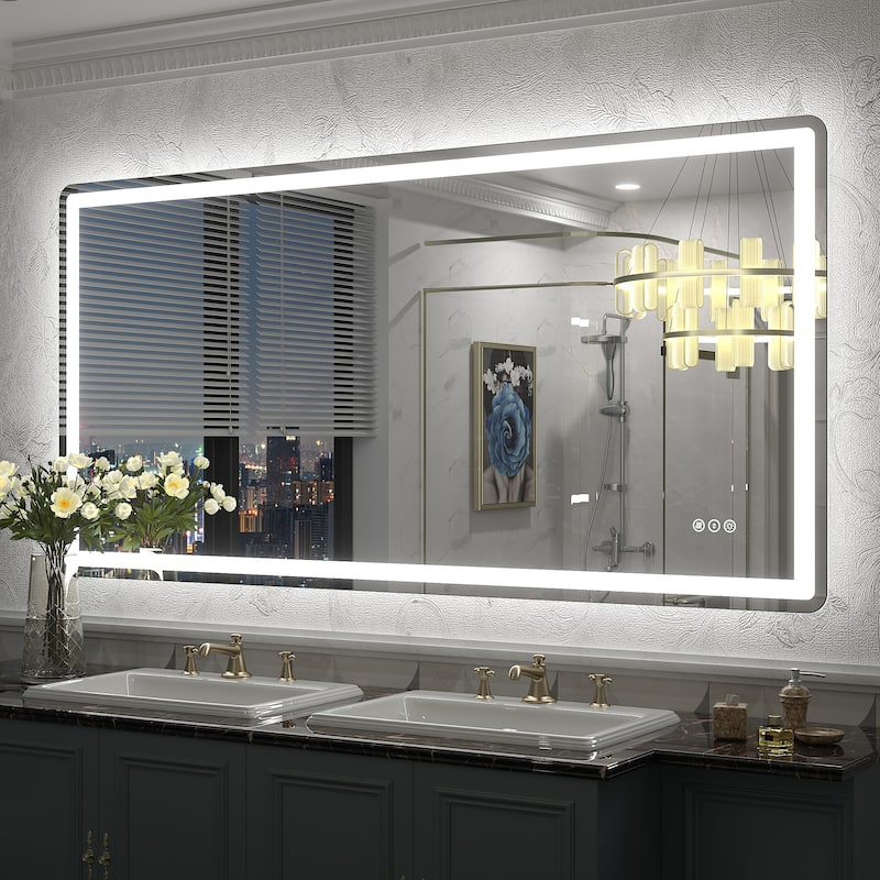 UL Certified Frameless LED Front Light and Backlit 3 Colors Dimmable Anti-Fog Wall Bathroom Vanity Mirror - 48" x 36"-Rounded Corner