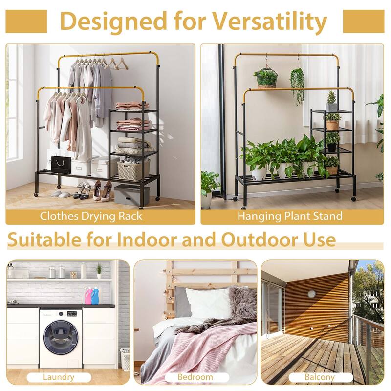 Costway Rolling Clothes Drying Rack Double Rods Garment Rack with - See Details