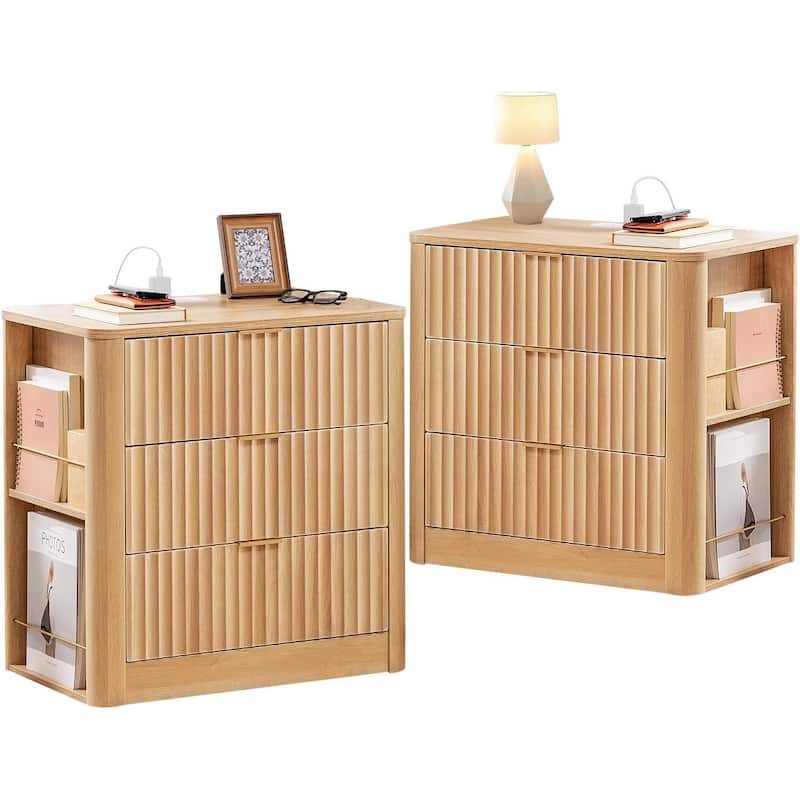 Fluted Nightstand Charging Station 3 Drawers Side Storage Shelves - 2 Pieces