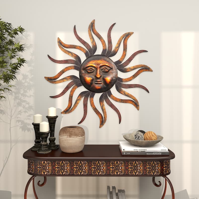 Brass Metal Sun Home Wall Decor with Distressed Copper Like Finish