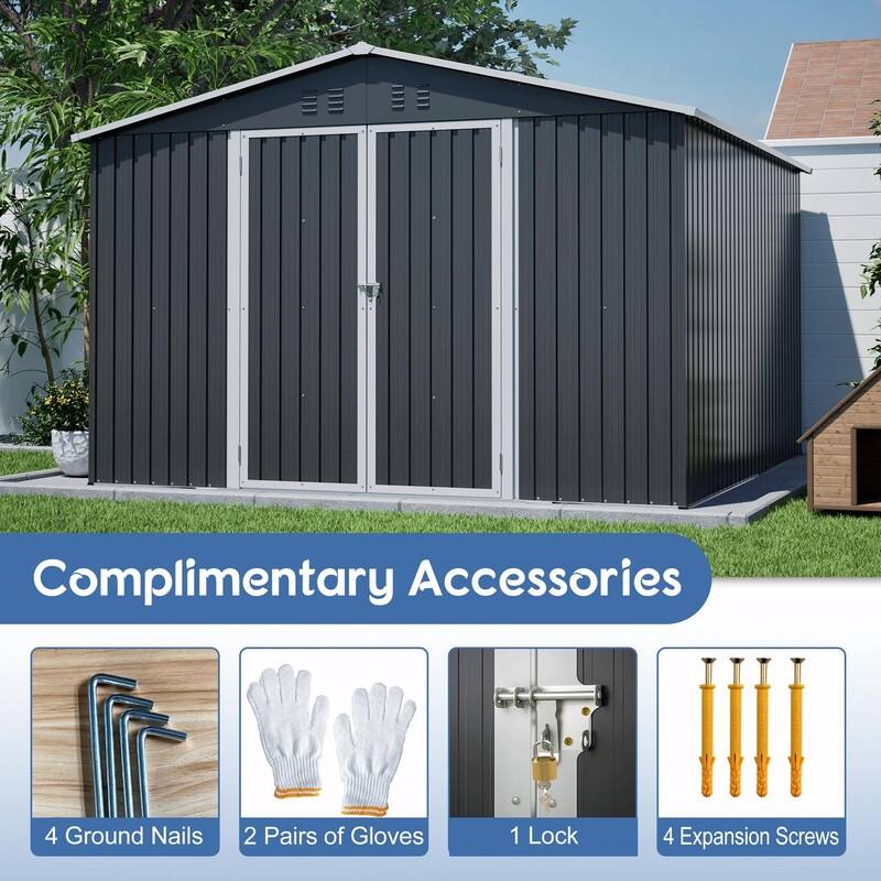 10' x 10' Outdoor Metal Storage Shed, Heavy-Duty Frame with Lockable Double Doors, All-Weather Garden Tool Shed