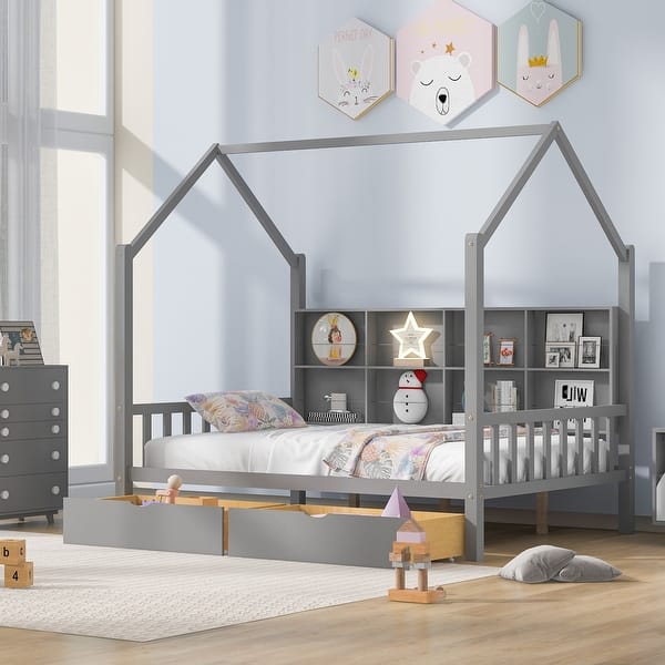 slide 2 of 24, Full Size House Bed for Kids with Storage Drawers and Shelf, Wooden Bed with Roof Gray