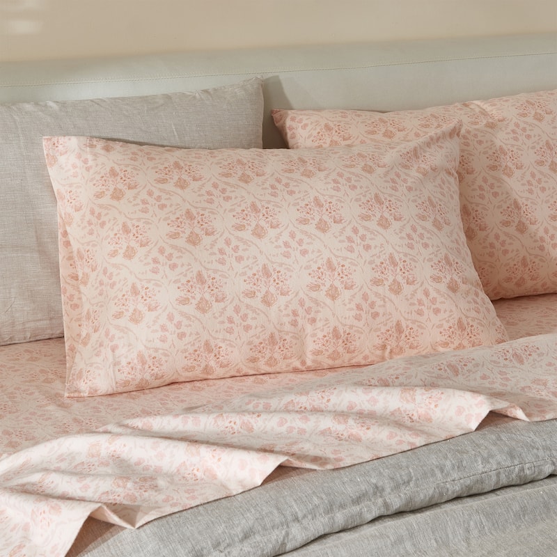 Patina Vie Maison 100% Turkish Cotton Flannel Vintage-Inspired Floral Sheet Set - Floral - Rose Pink - Queen