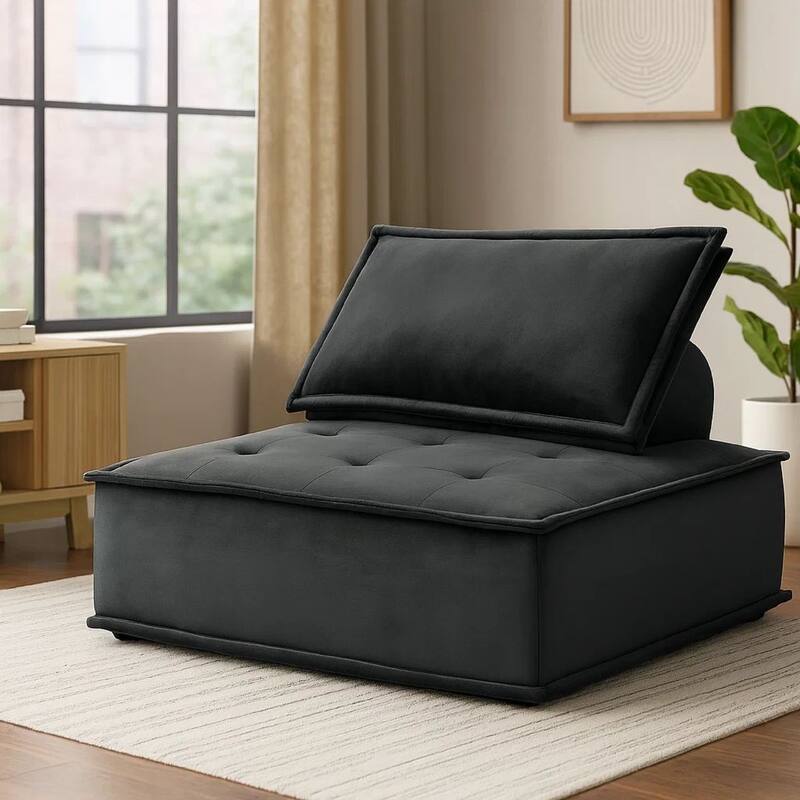Alaya 40 Inch Foam Armless Modular Lounge Chair, Black Velvet Upholstery