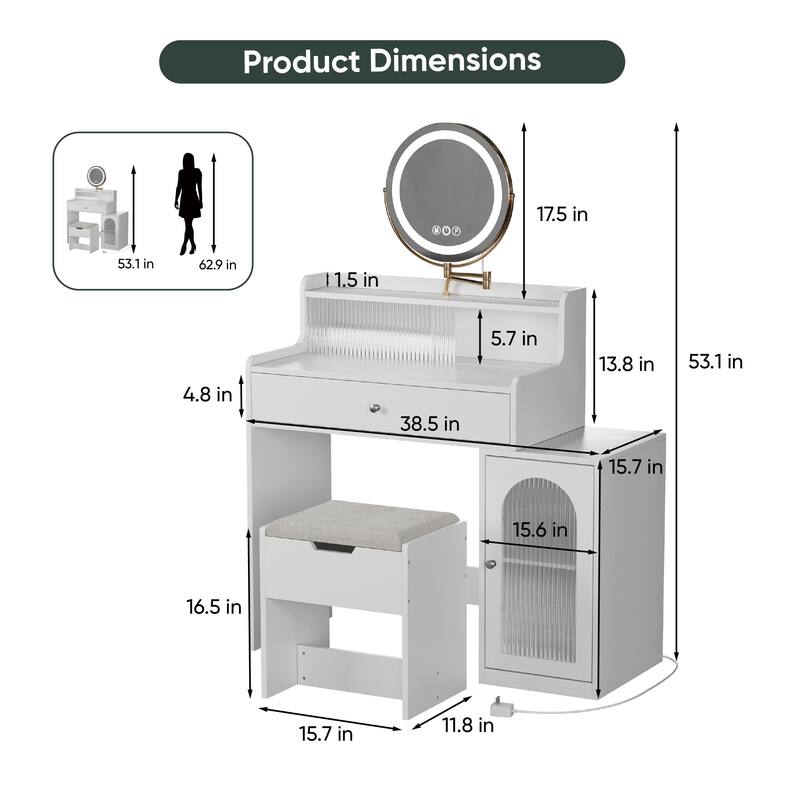 Makeup Vanity with 360° Rotated Mirror & Lights, Vanity Desk with Side Cabinet, Dressing Table Set with Stool