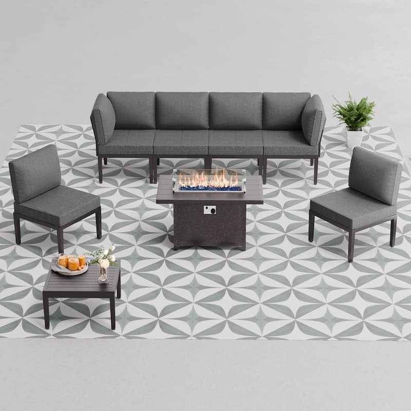 Kullavik 7 Piece Outdoor Furniture Set, Modern Metal Sectional Sofa with Thick Cushions and Coffee Table