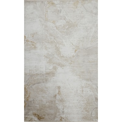 Machine Made Oriental Polyester Carpet Abstract Beige & Ivories Distressed Area Rug - 7' 5'' X 5' 2''