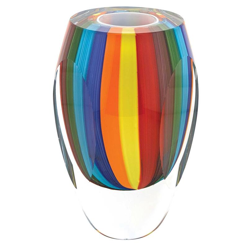 HomeRoots 6" Blue Clear Red And Yellow Cylinder Crystal Glass Table Vase