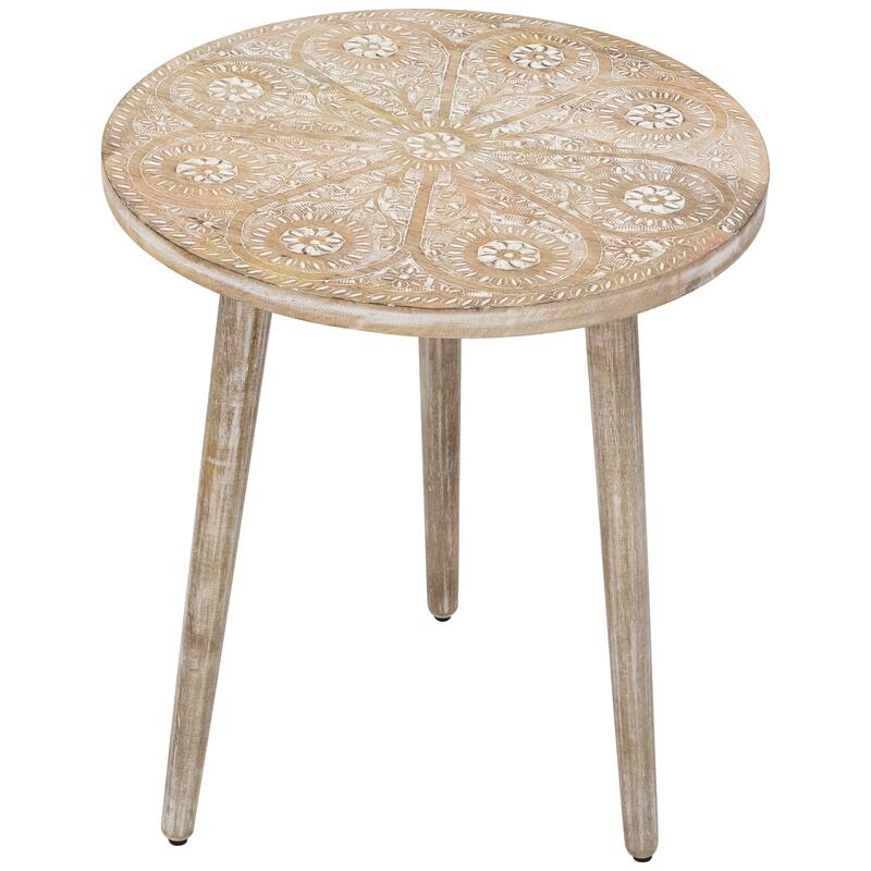 22" Brushed White Engraved Floral Round Tri Leg Wooden Side Table