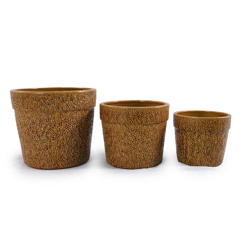 3 Pieces Ceramic Flowerpot, Modern Planter for Patio, Garden or Windowsills - Antique Yellow