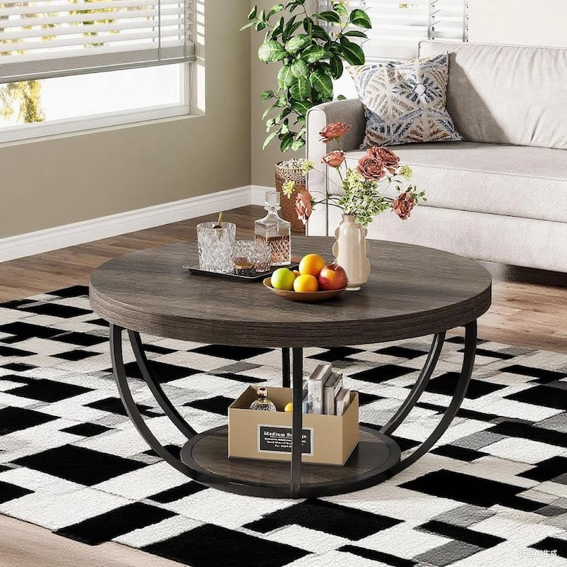Engineered Wood Round Coffee Table with 2-Tier Metal Base - 31.69" L x 31.69" W x 17.32" H