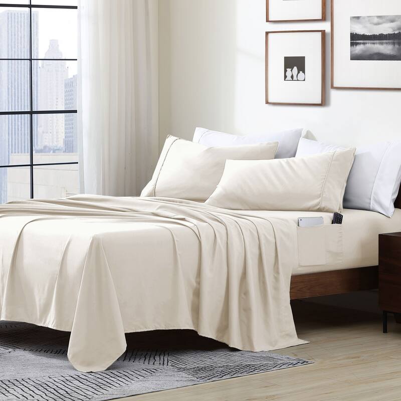 Home Essential Soft Microfiber Smart Sheet Storage Pocket Bedding Sheet Set - Full - Coconut Milk