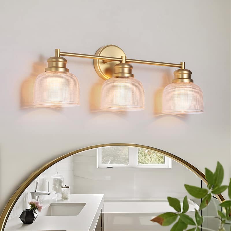 23.8" W 3-Light Retro Industrial Gold Bowl-Shaped Bathroom Vanity Light with Clear Chequered Textured Glass Shades - Clear/Gold - 23.8 in. W x 8.5 in. H x 6.1 in. D