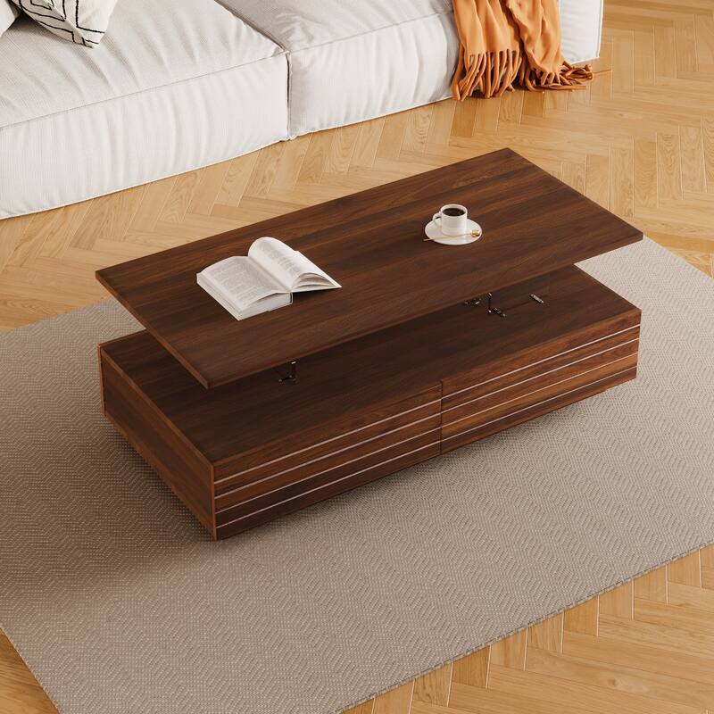 Modern White Rectangular LED Lights Coffee Table with 2 Drawers
