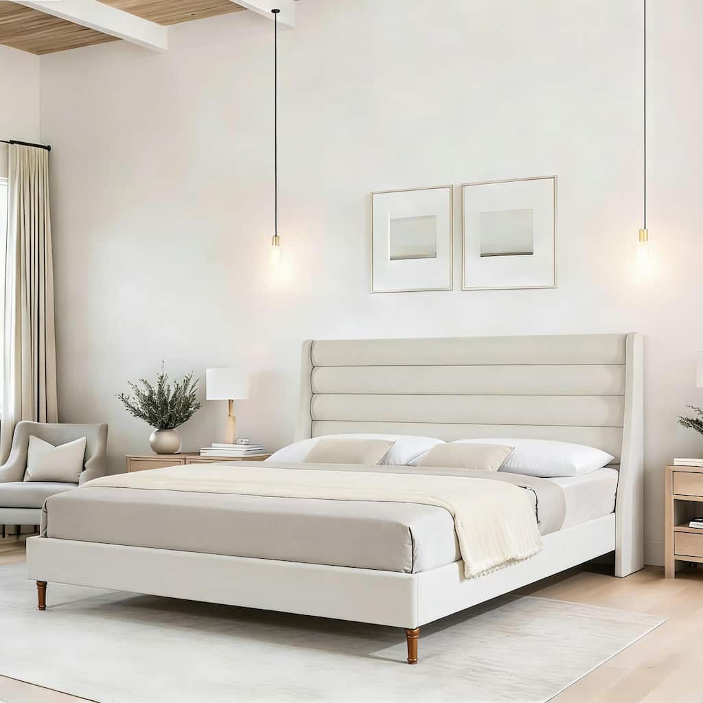 King Size Bed Frame High Headboard Upholstered Platform Bed with Wave