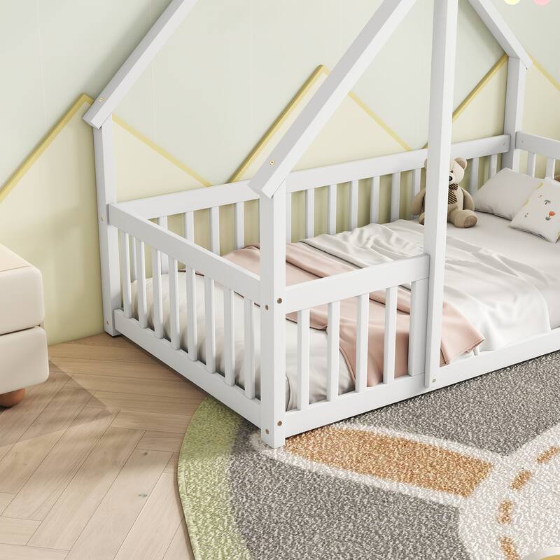 Twin Wood House-Shaped Floor Bed Frame with Fence,Guardrails,No Box Spring Needed,for Living Room