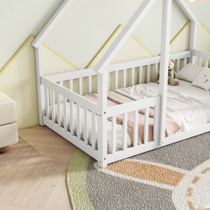 Wood House-Shaped Floor Bed With Fence, Guardrails - White