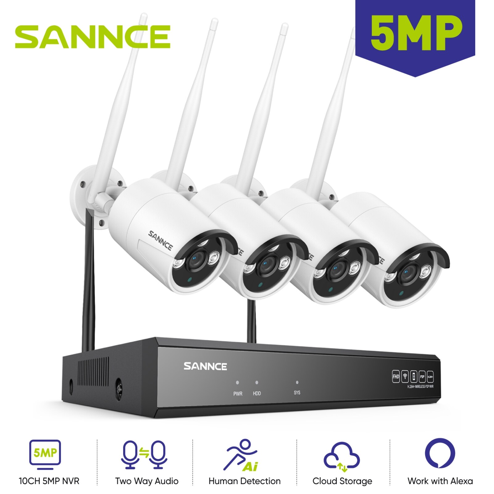 SANNCE Wireless Security Camera System, 10CH 5MP NVR With 4Pcs
