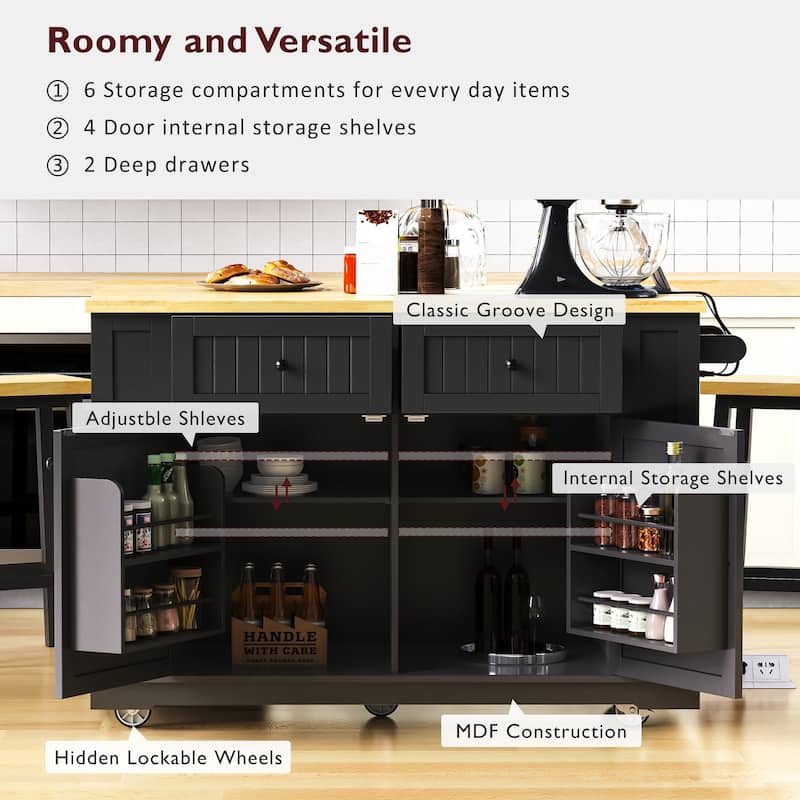 48" Large Kitchen Island with Drop Leaf,Power Outlet,For Kitchen,Dining Room(Not Include Stools)