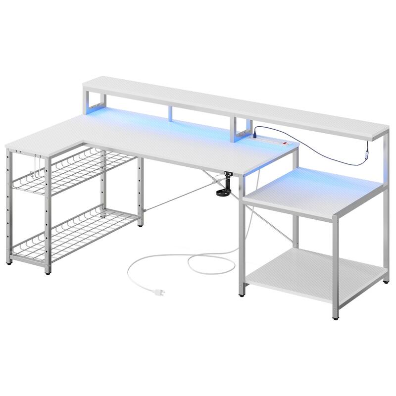 Bestier 71.5“” Computer Desk with Power Outlets, L Shaped LED Home Office Desk with Long Monitor Stand and Cup Holder & Hooks