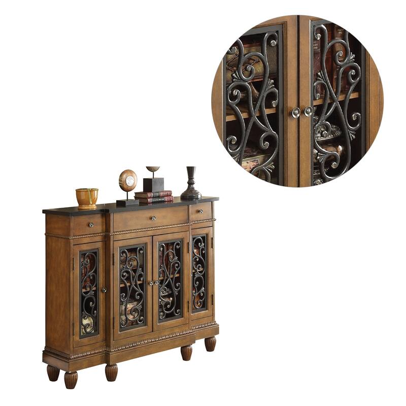 3 Drawers and 4 Doors Wood Console Table in Oak and Antique Bronze