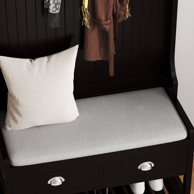 3-in-1 Hallway Hall Tree with 2 Storage Drawer and 4 Coat Rack, Wooden Entryway Shoe Rack Bench with Padded Seat Cushion