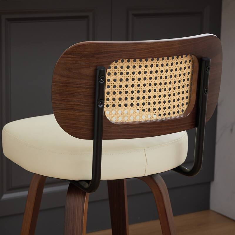 Set of 2 Counter Height Bar Stools, Swivel Counter Stools with Walnut Frame, Rattan Weave Back and PU Leather Padded Seat
