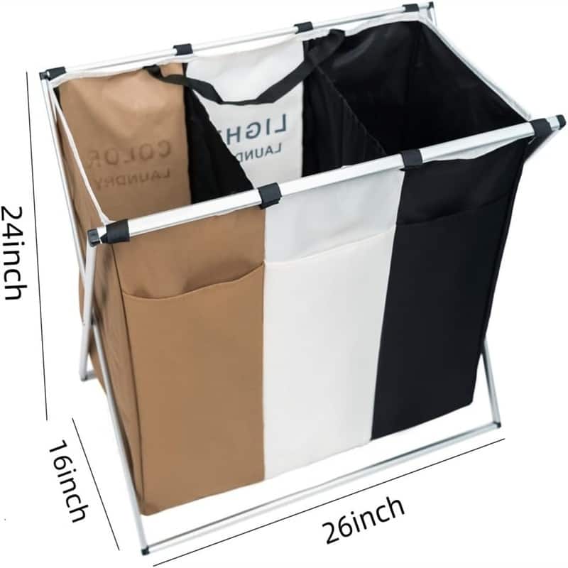Laundry Basket 3 Section Foldable Dirty Laundry Hampe - 26"L x 16"W x 24"H