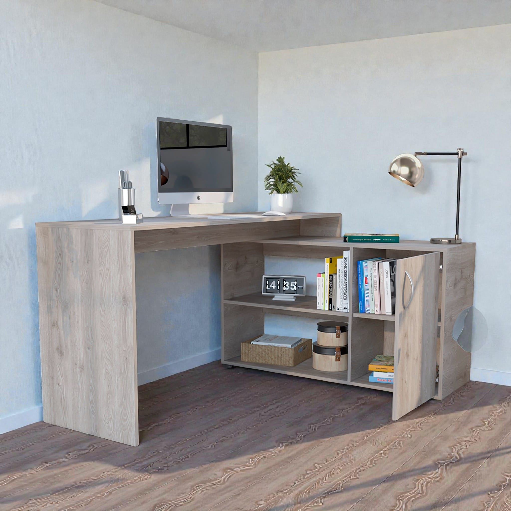 L-Shaped Office Desk with Cabinet and Shelves, Corner Workstation Table for Home Office