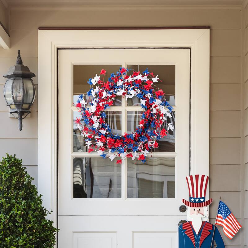 Glitzhome Patriotic/ Americana Red White Blue Floral Wreath or Stars Berry Garland