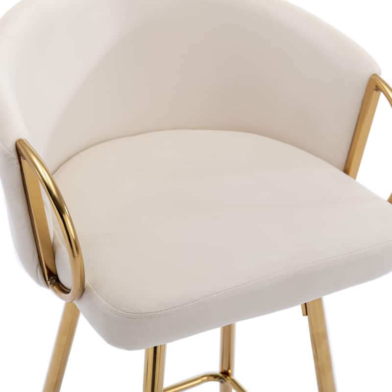 Velvet Bar Stools Set of 2, Counter Height Bar Chairs with Armrests, Kitchen Island Stools with Footrest and Golden Legs