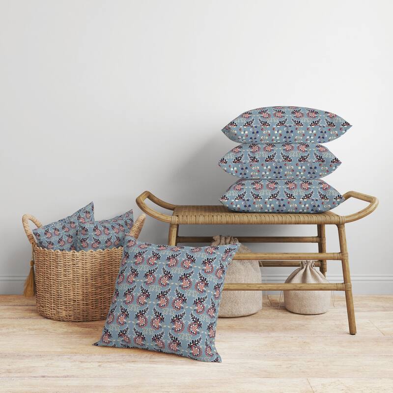 Botanical Bouquet Faux Suede Reversible Throw Pillow Blue and Red