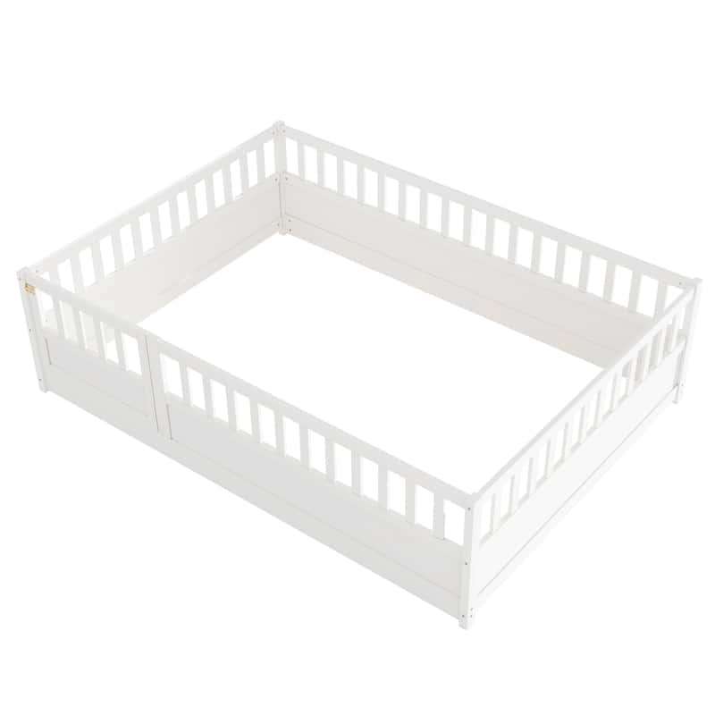 Full Size Pine Wood Floor Bed, Integral Construction with Super High Security Barrier, Door, Children's Floor Bed Frame